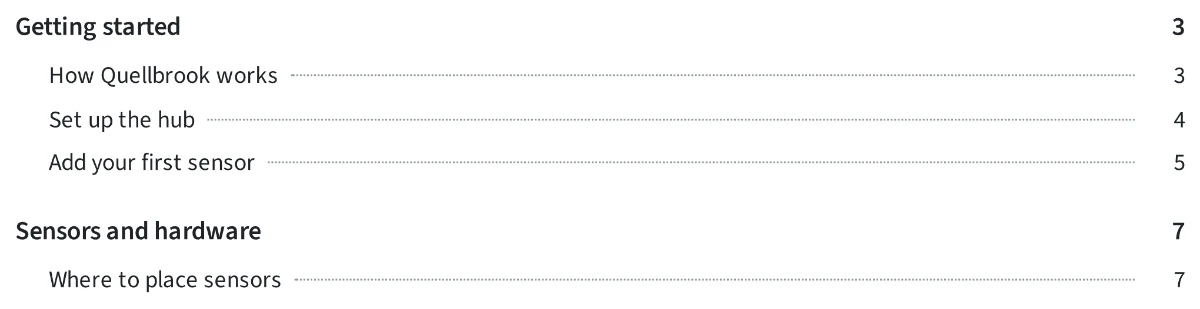 Close-up of the contents page: category and article titles, dotted leaders, page numbers 3, 3, 4, 5 and 7.