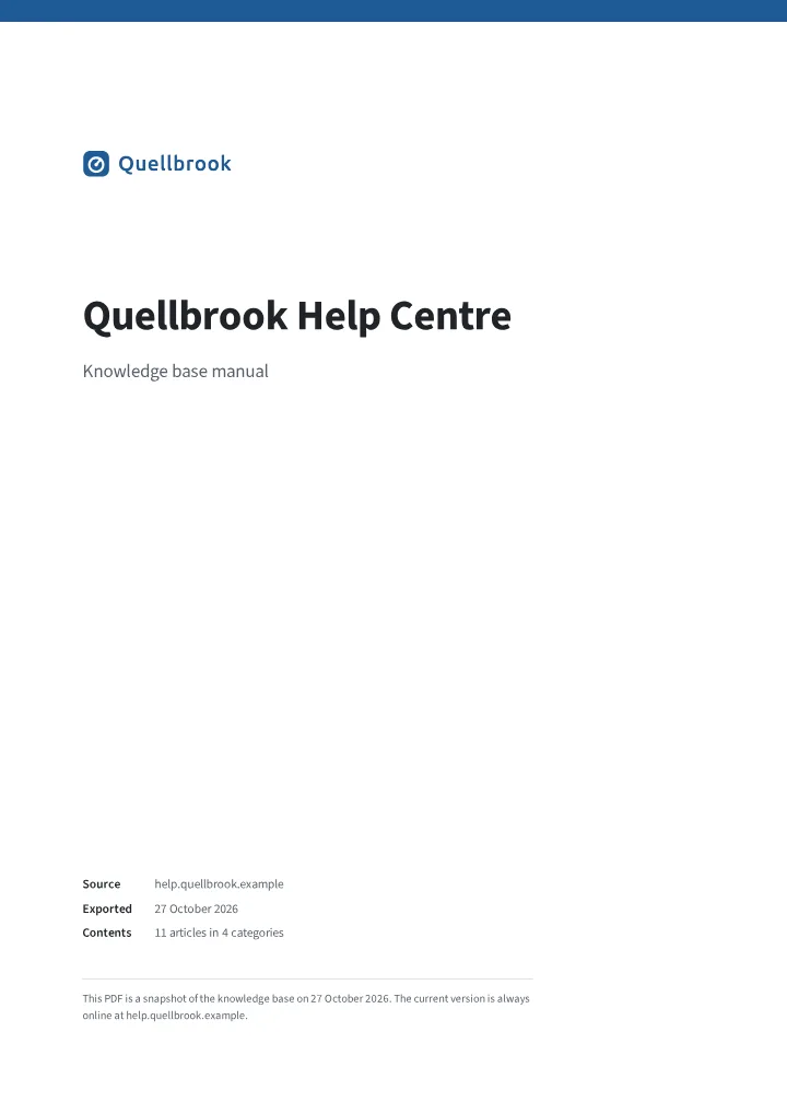 Cover page: knowledge base name, logo, source address, export date and a note that the PDF is a snapshot.